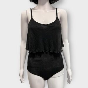 Ichi Semi Sheer, Sparkly, Tiered Ruffle Black Bodysuit